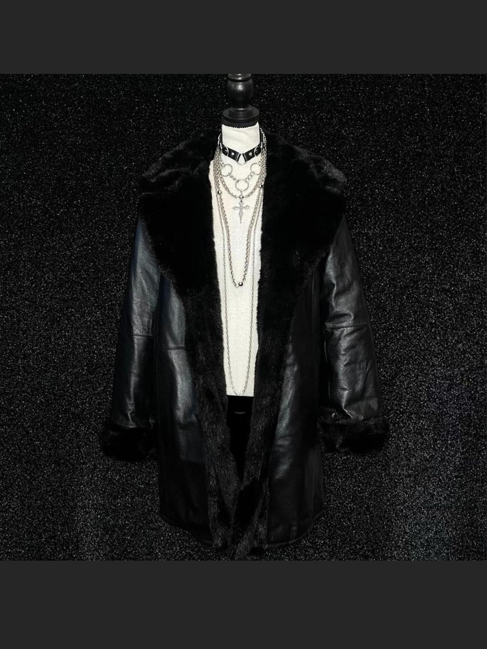 Black Faux Fur Trim Leather Coat